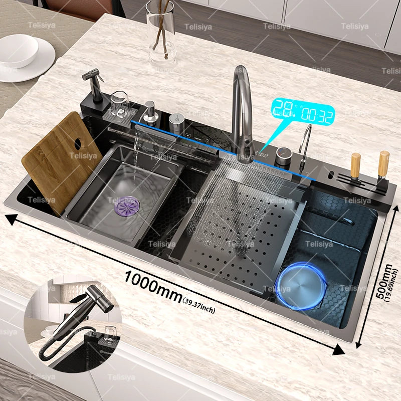 Telisiya Stainless Steel Waterfall Single Bowl Kitchen Sink Display