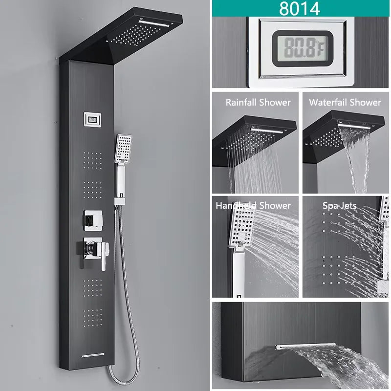 Stainless Steel Shower Panel With Waterfall Rain Massage And Handshower