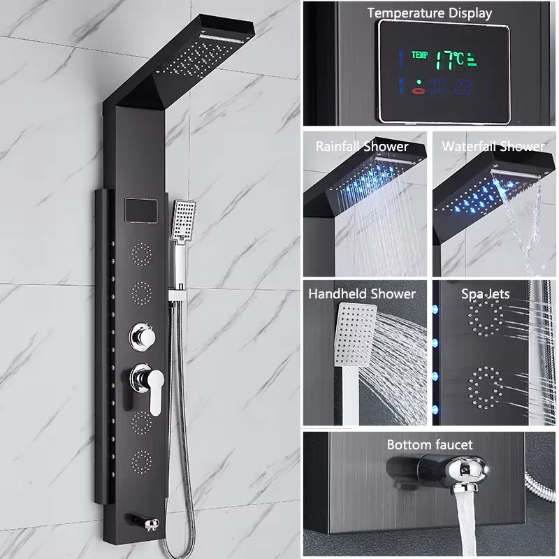 Stainless Steel Shower Panel With Waterfall Rain Massage And Handshower
