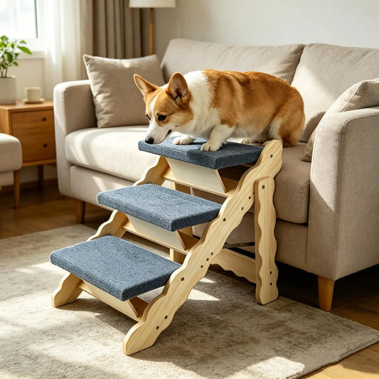 DishyKooker 3 Step Wooden Pet Stairs And Folding Dog Ramp