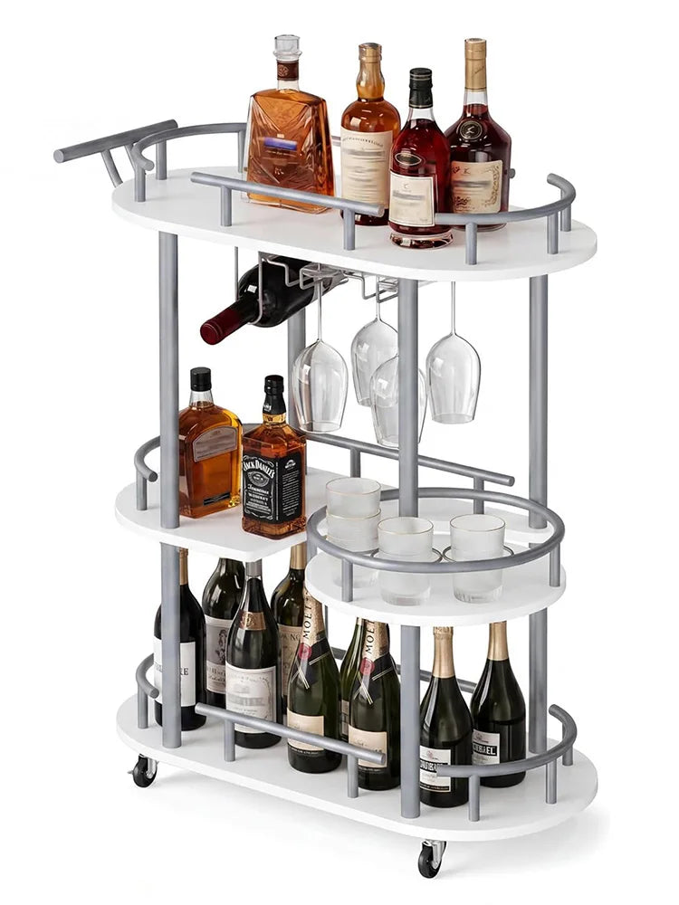 HiMISS Three Tier Metal Rolling Bar Cart With Wine Rack