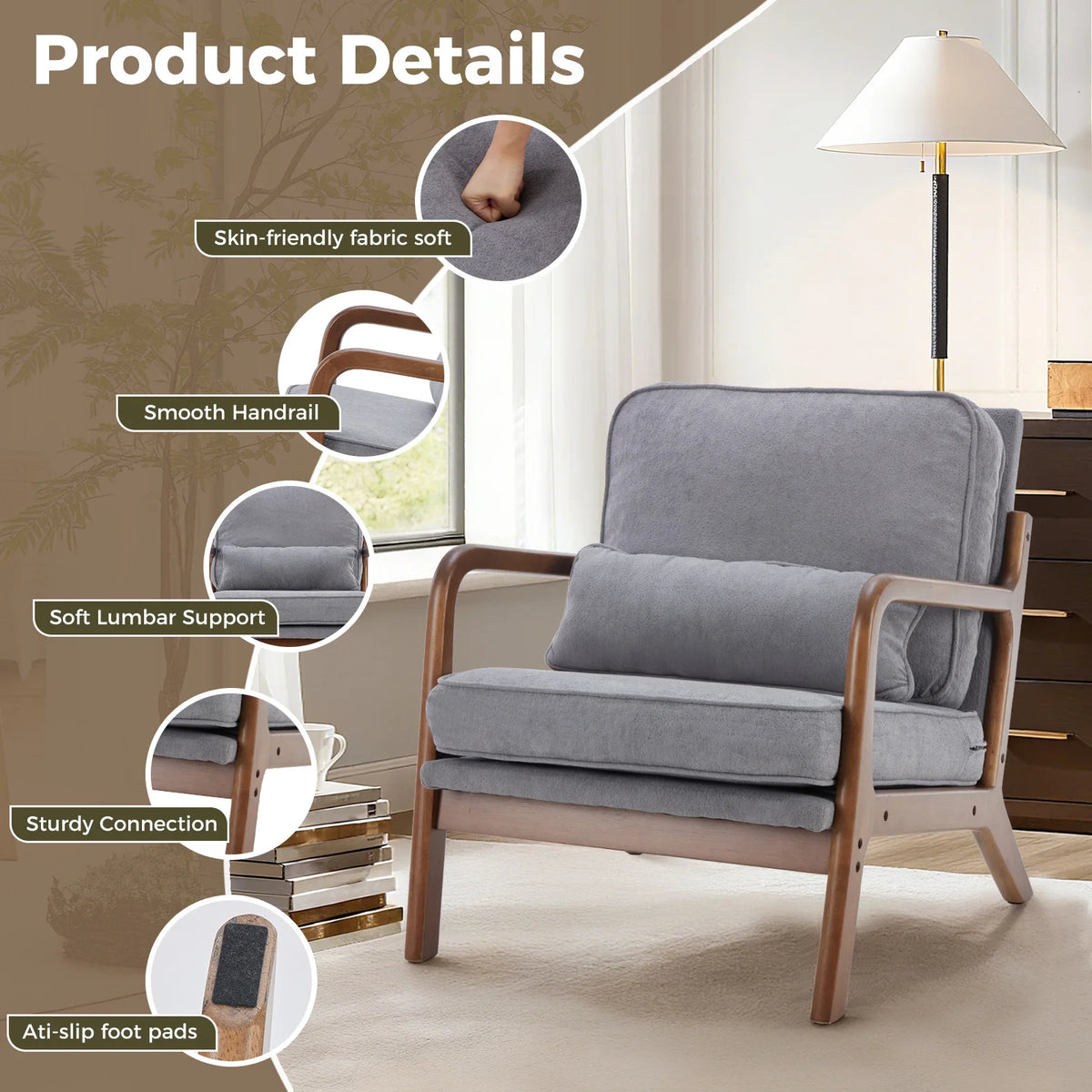 JHK Mid Century Modern Solid Wood Lounge Chair With Cushions