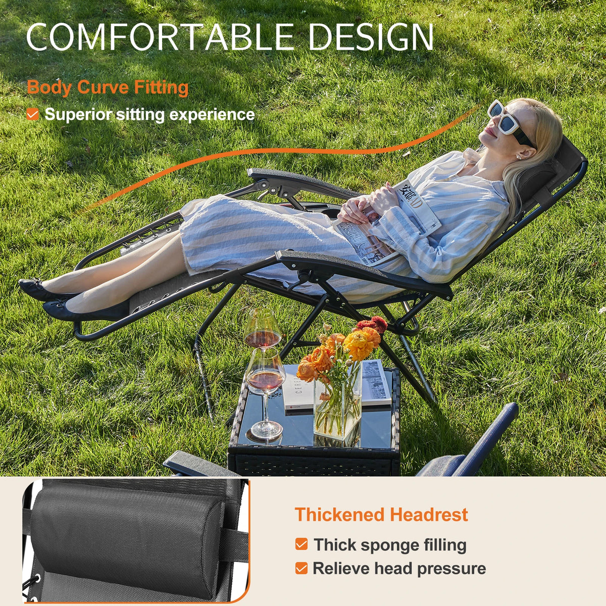 JHK Zero Gravity Outdoor Recliner With Cup Holder And Pillow