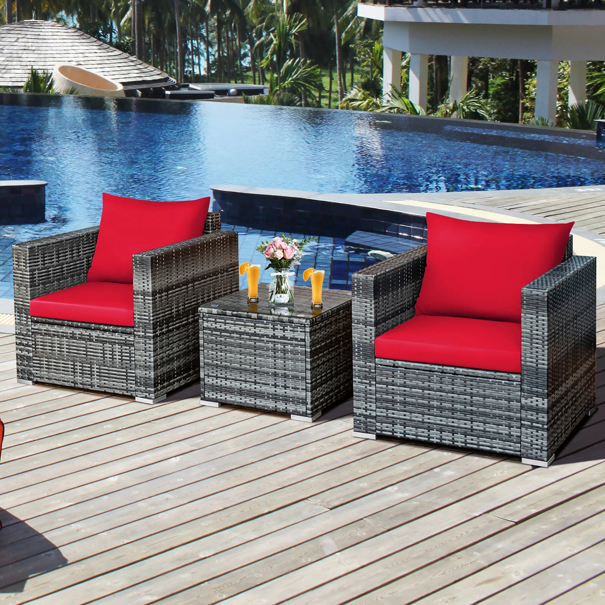 HOMASIS 3 Piece Patio Rattan Bistro Set With Cushioned Seating