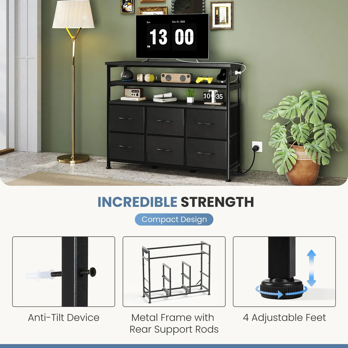 JHK TV Console With Six Fabric Drawers And Storage Shelf