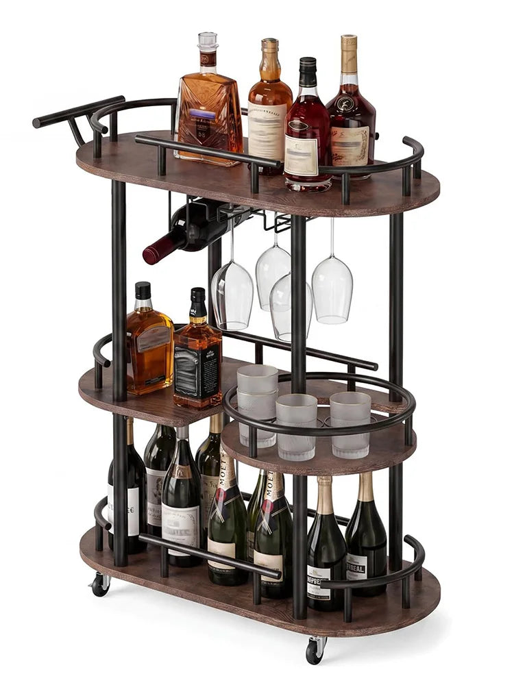 HiMISS Three Tier Metal Rolling Bar Cart With Wine Rack
