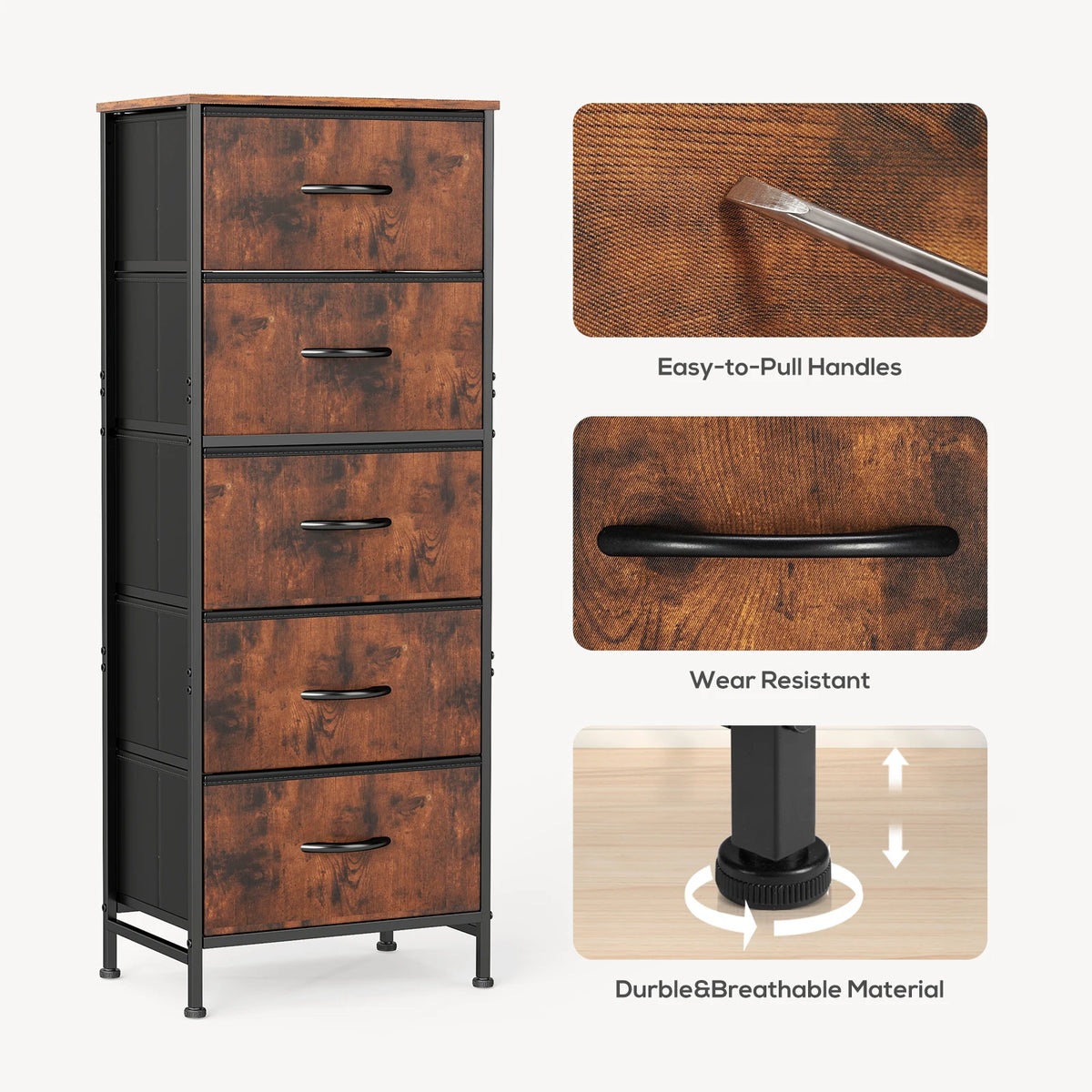 JHK 5 Drawer Fabric Dresser Steel Frame Bedroom Storage Unit