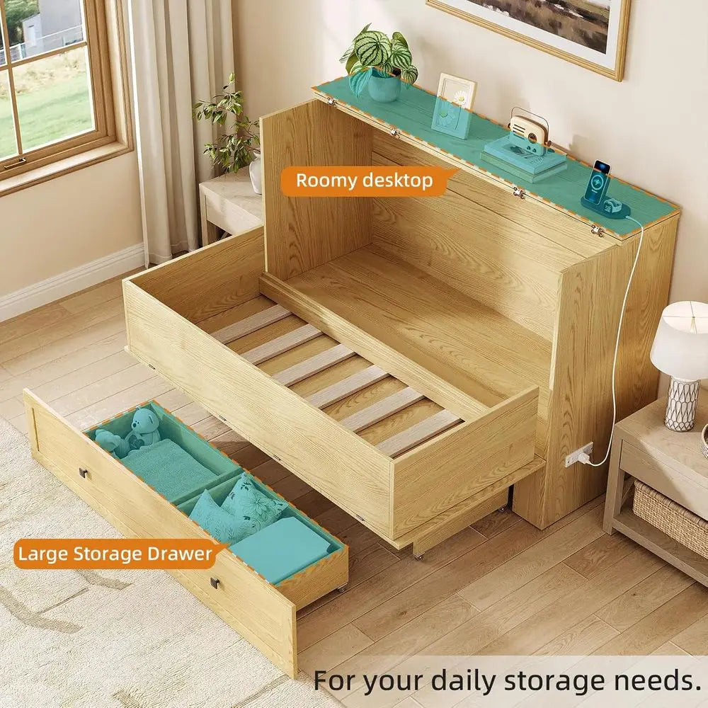Foldable Wooden Murphy Bed With Charging Station And Storage