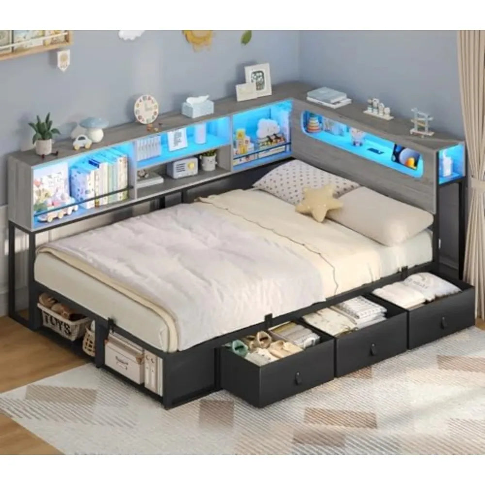 Contemporary Corner Bed Frame With Bookcase Storage And Charging Station