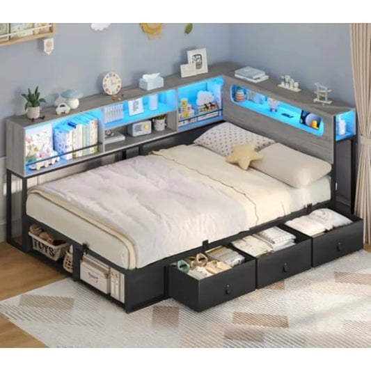 Contemporary Corner Bed Frame With Bookcase Storage And Charging Station