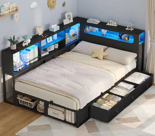 Contemporary Corner Bed Frame With Bookcase Storage And Charging Station