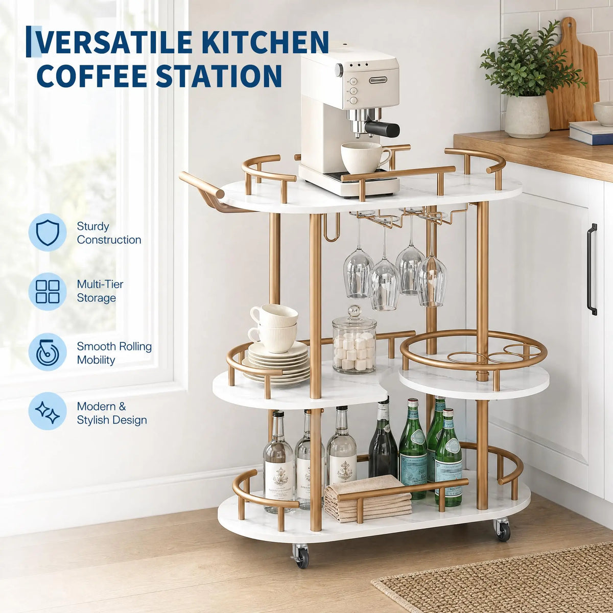 HiMISS Three Tier Metal Rolling Bar Cart With Wine Rack