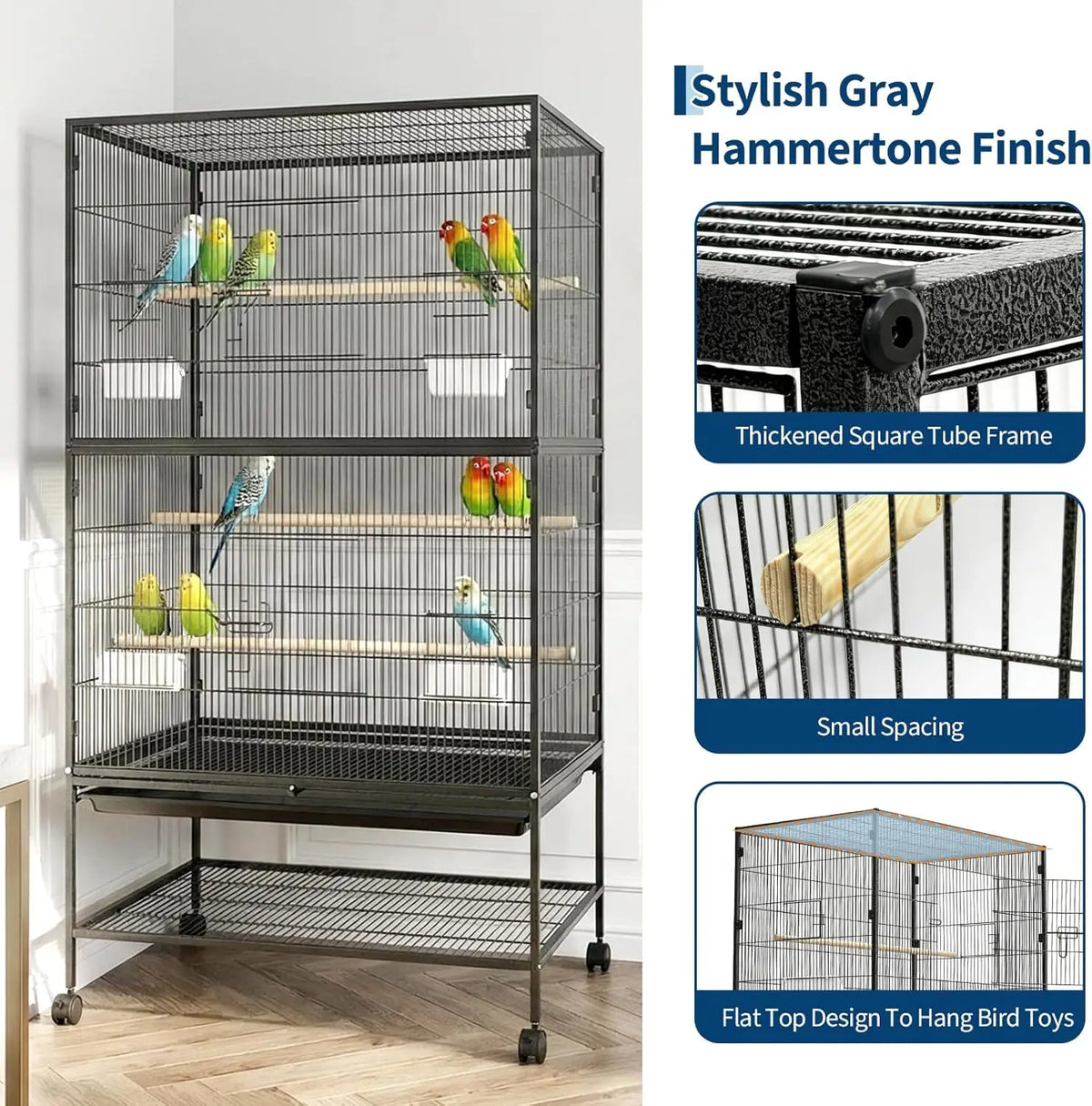 HiMISS Bird Cage With Rolling Stand And Feed Bowls