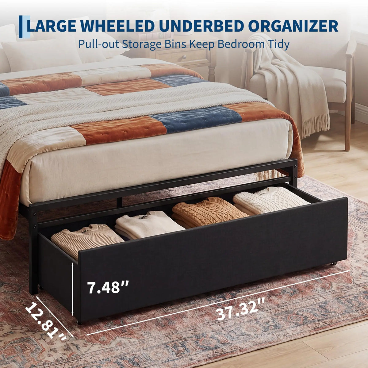 HiMiss Metal Bed Frame With Charging Station Headboard Storage Drawers