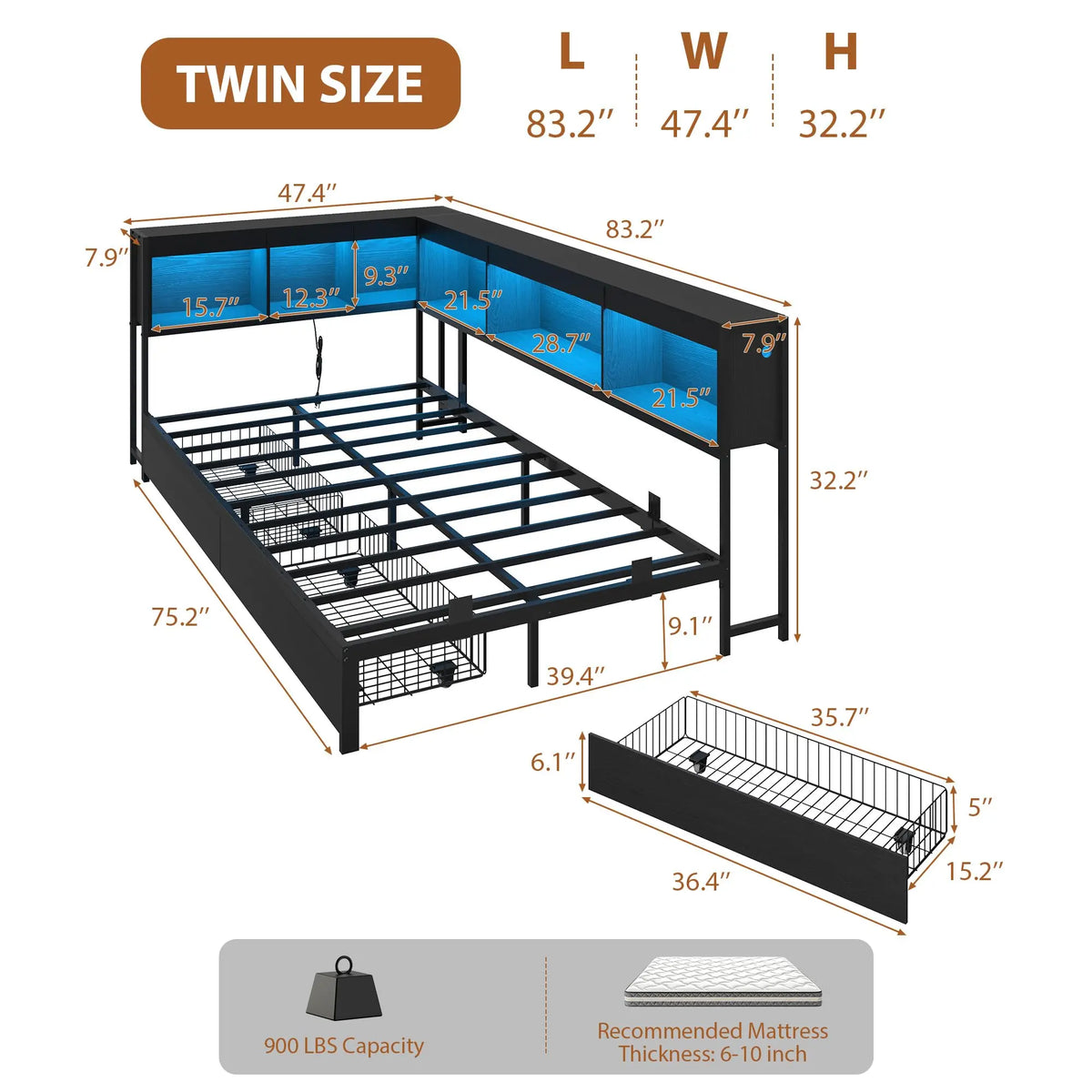 HiMISS Corner Bed Frame With Bookcase Headboard And LED Storage