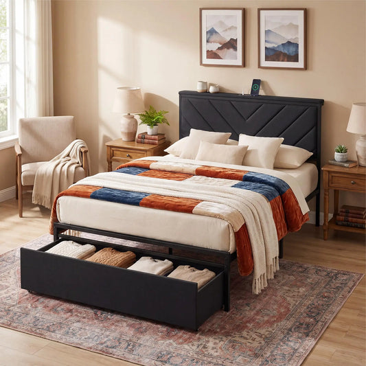 HiMiss Metal Bed Frame With Charging Station Headboard Storage Drawers