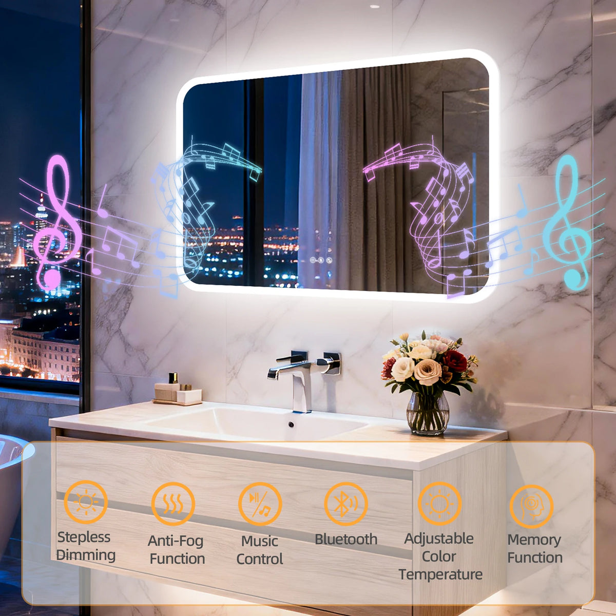 Smart LED Bathroom Mirror With Bluetooth Speakers And Touch Control