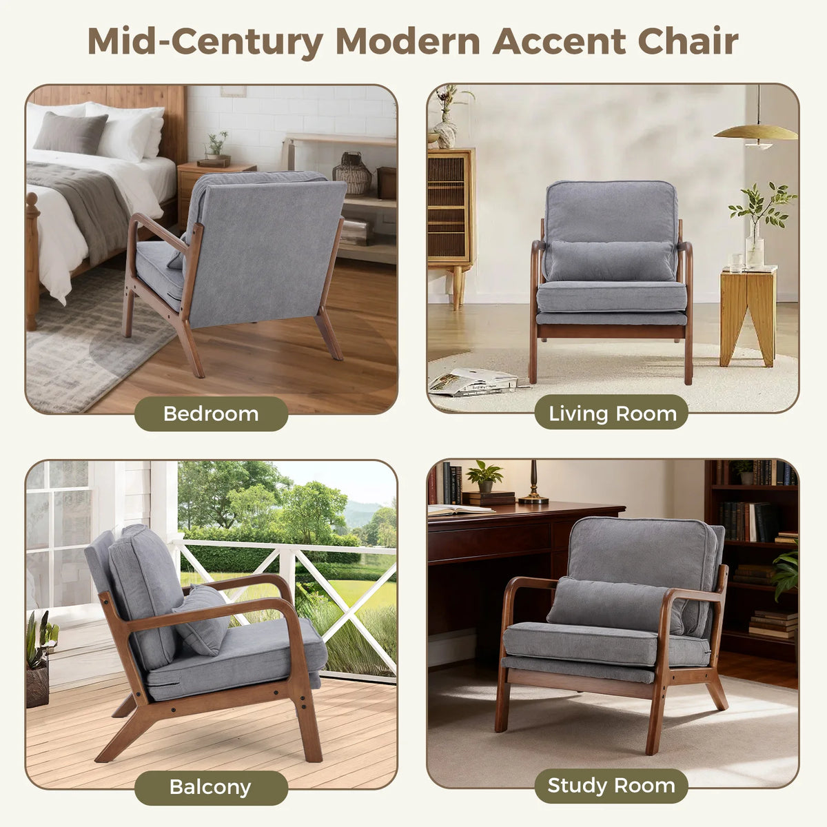 JHK Mid Century Modern Solid Wood Lounge Chair With Cushions