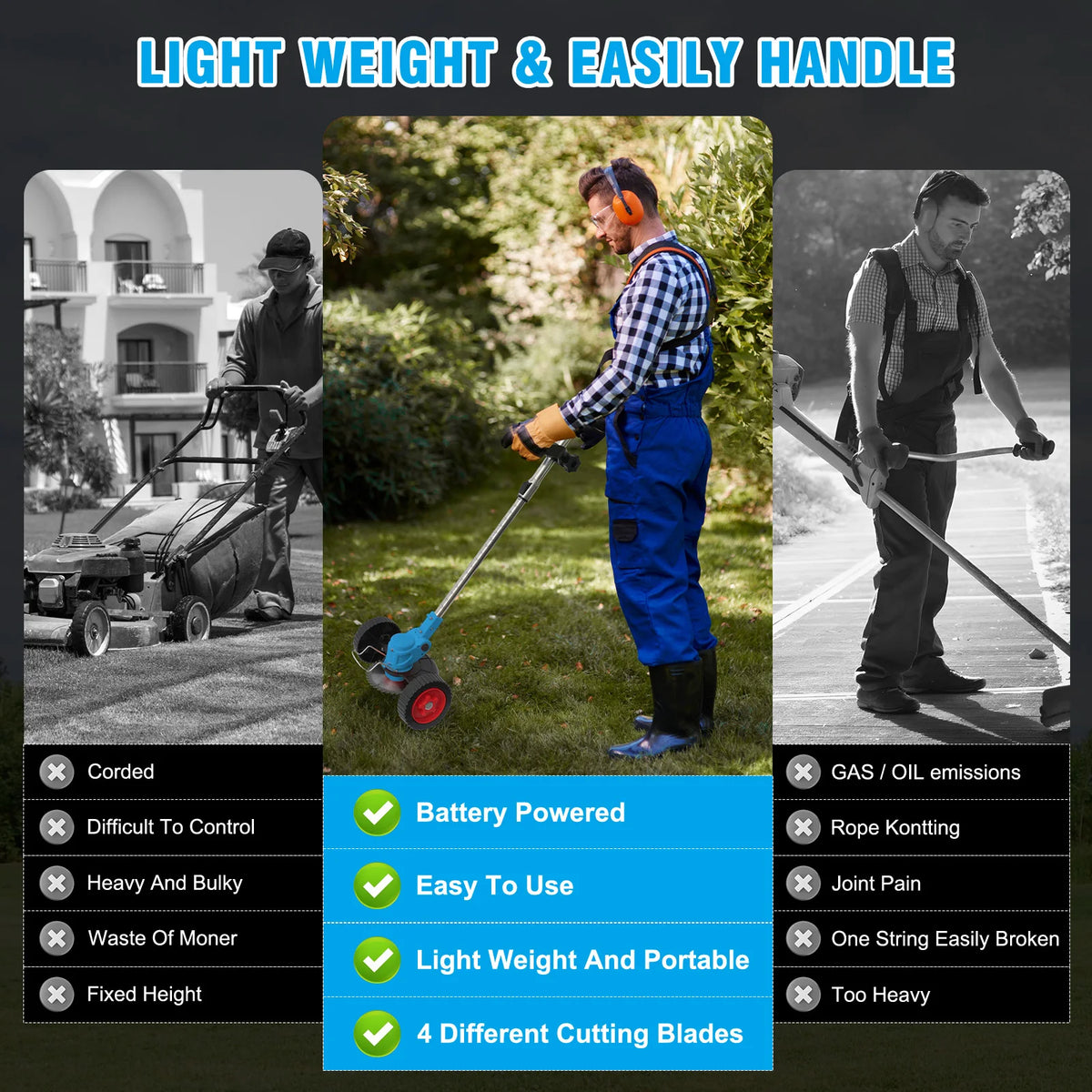 Cordless 21V 3 In 1 Electric Grass Trimmer With Batteries