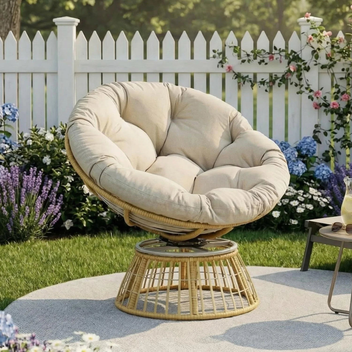 Avenvista Outdoor Wicker Swivel Papasan Chair With Thick Cushion