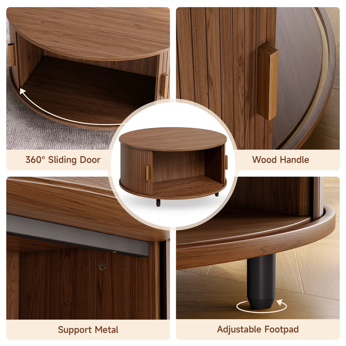 Onbrill Modern Round Coffee Table With Fluted Wood Storage