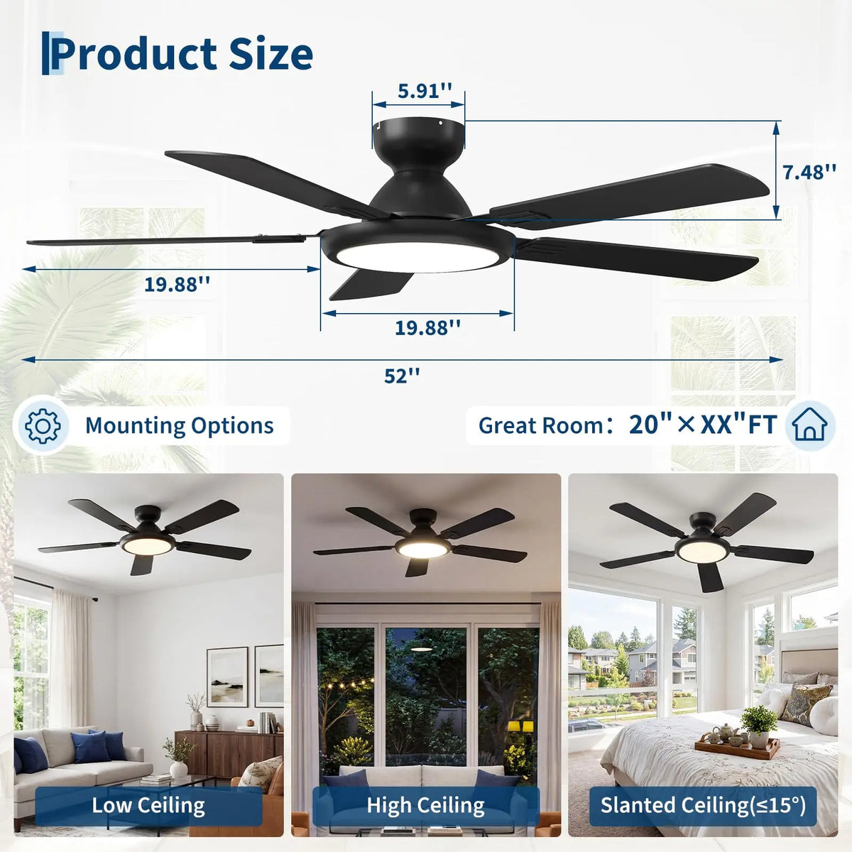 Adoolla 52 Inch Smart Ceiling Fan With Lights Low Profile
