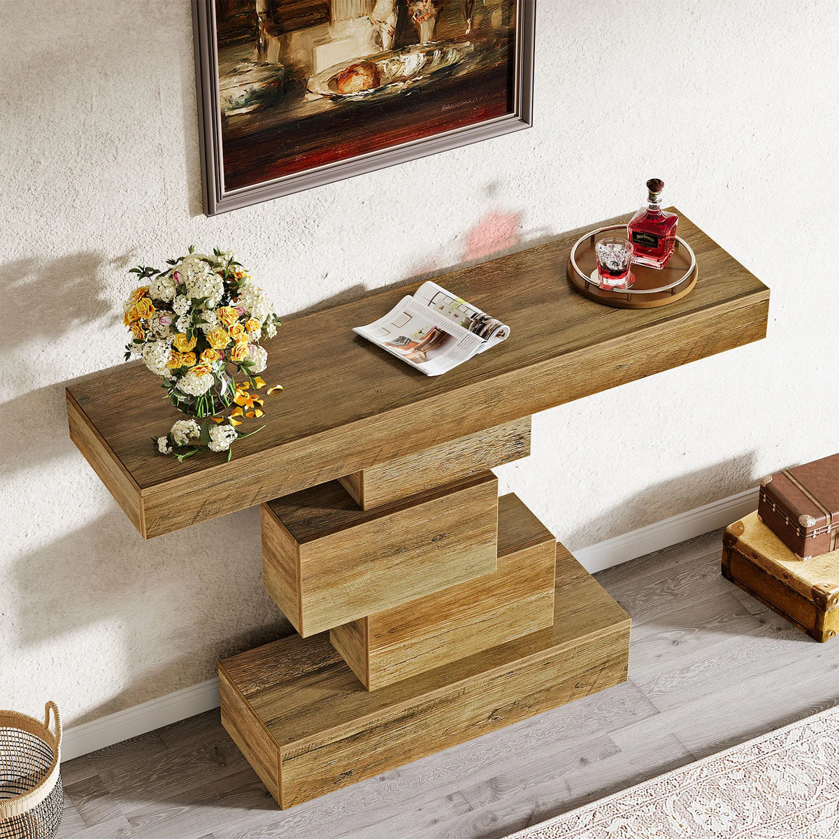 Tribesigns Farmhouse Console Table With Wooden Geometric Base