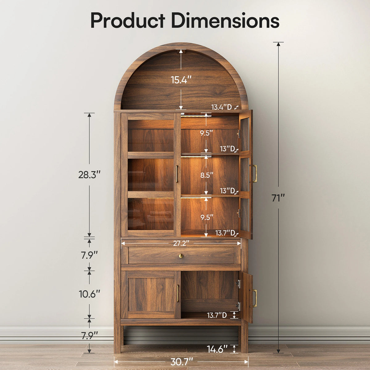 Cottinch Arched Wooden Storage Cabinet With Dimmable Led Shelves