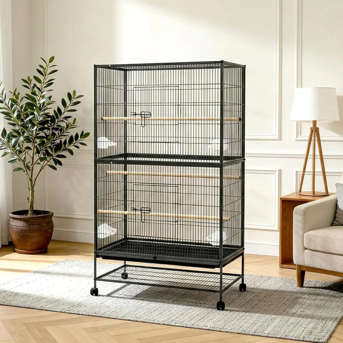 HiMISS Bird Cage With Rolling Stand And Feed Bowls