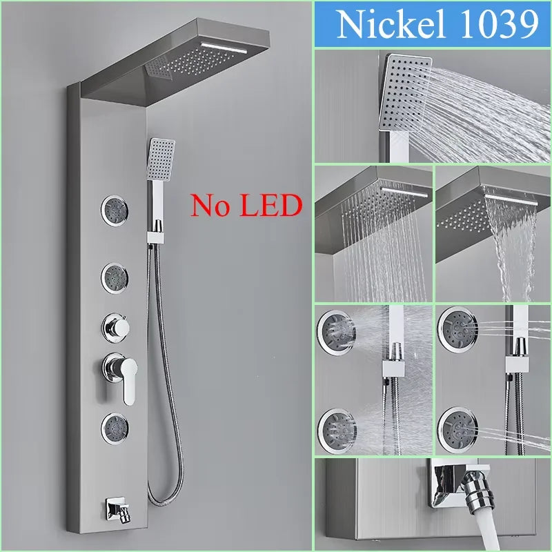 Stainless Steel Shower Panel With Waterfall Rain Massage And Handshower
