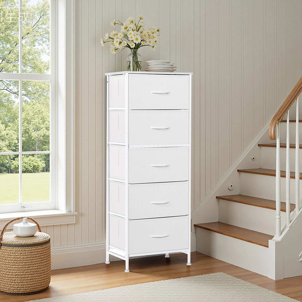 JHK 5 Drawer Fabric Dresser Steel Frame Bedroom Storage Unit
