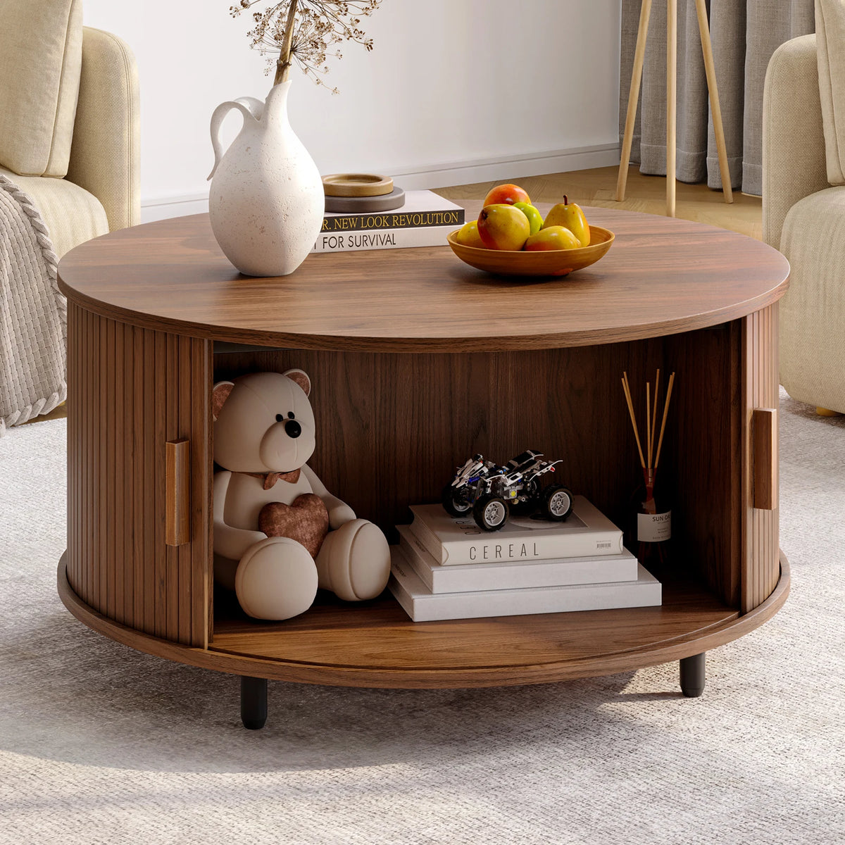Onbrill Modern Round Coffee Table With Fluted Wood Storage