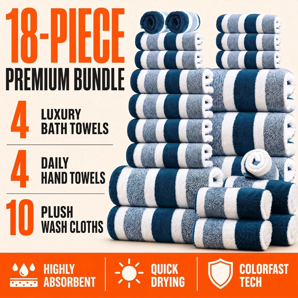 18 Piece Quick Dry Bath Towel Set With Exceptional Absorption