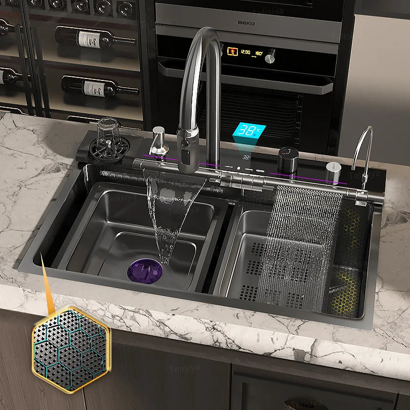 Telisiya Stainless Steel Waterfall Single Bowl Kitchen Sink Display