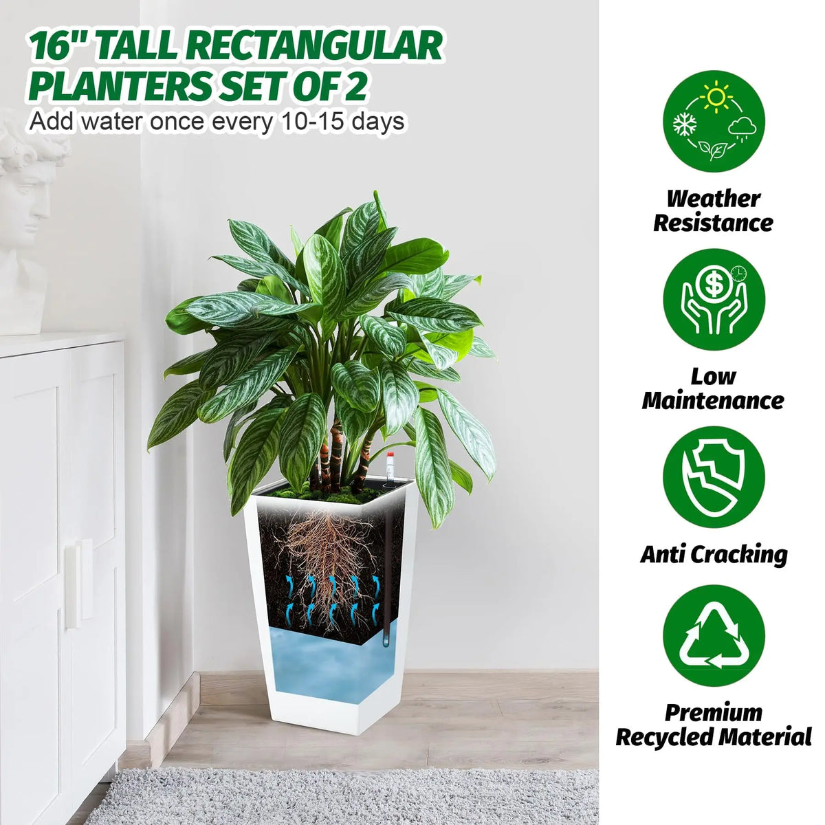 HiMISS Self Watering Planters Set Of 2 With Monitor Bucket