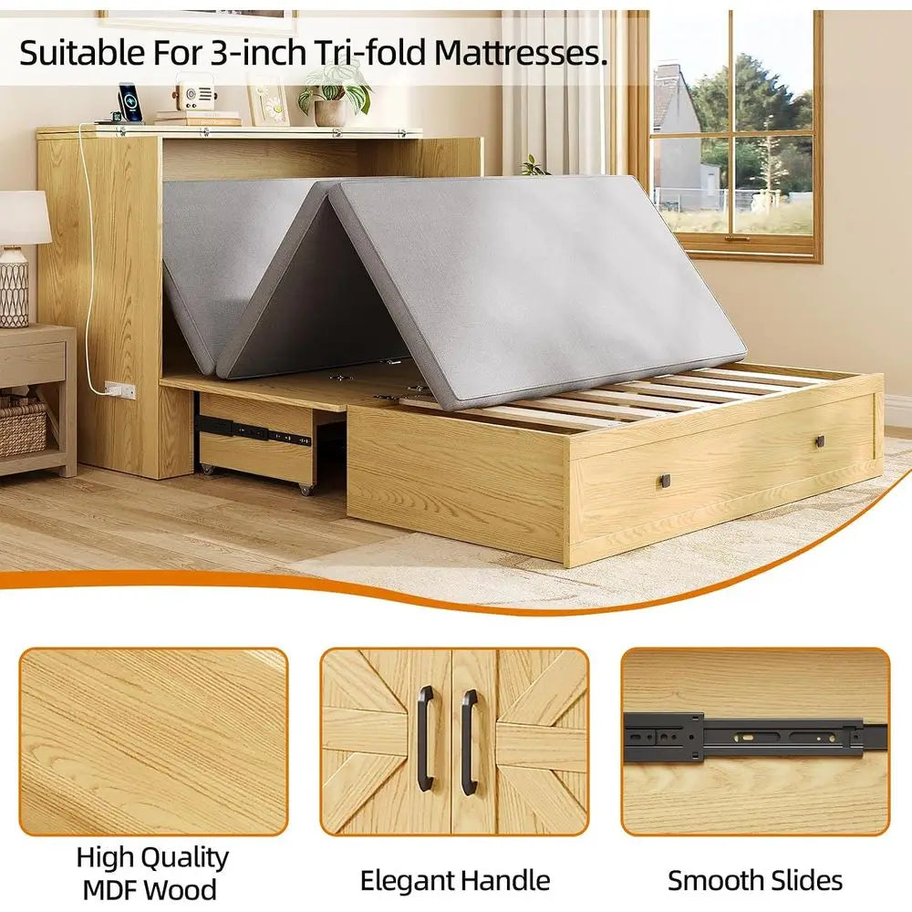 Foldable Wooden Murphy Bed With Charging Station And Storage