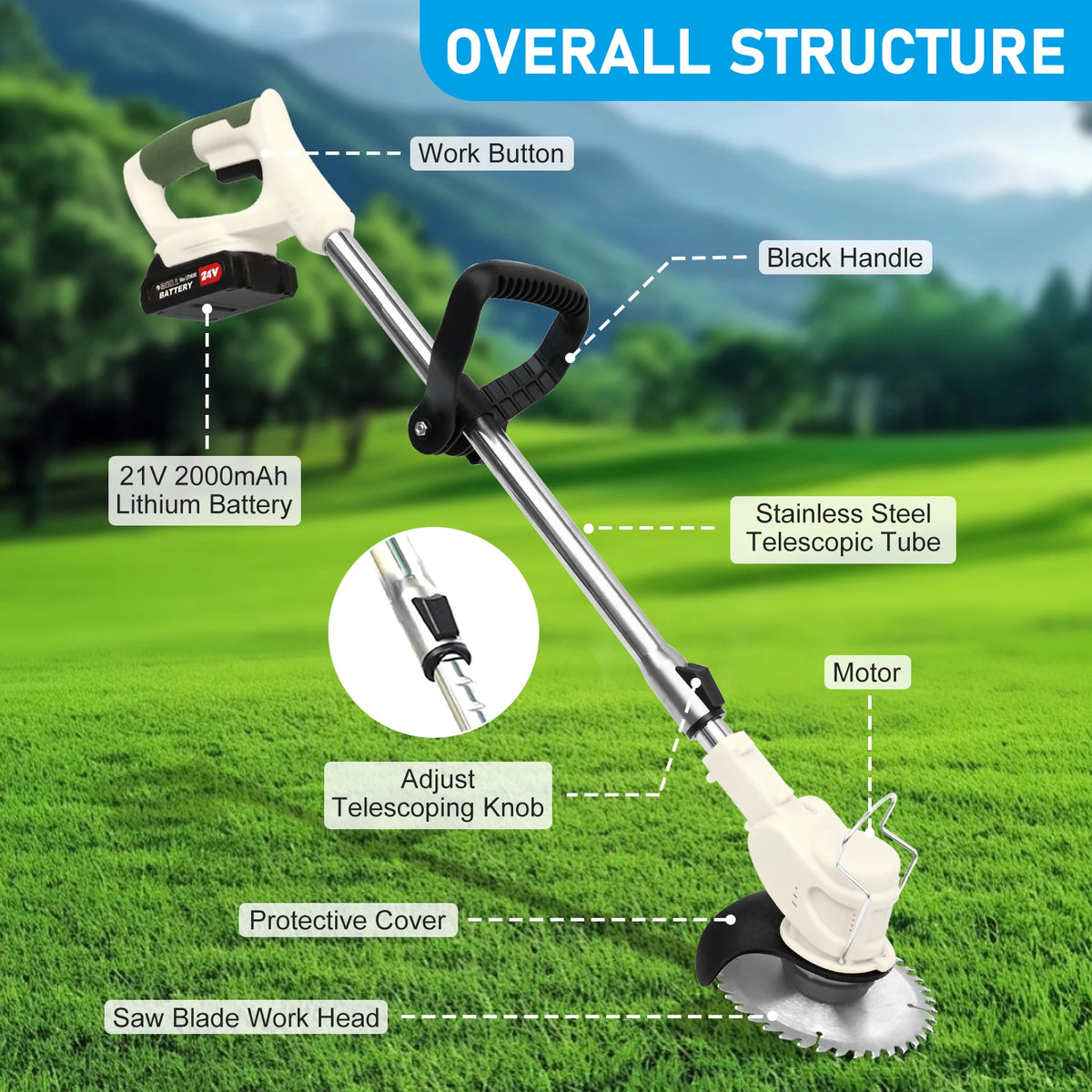 Cordless 21V Three In One Grass Trimmer With Rechargeable Battery