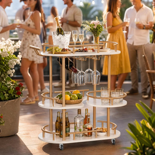 HiMISS Three Tier Metal Rolling Bar Cart With Wine Rack
