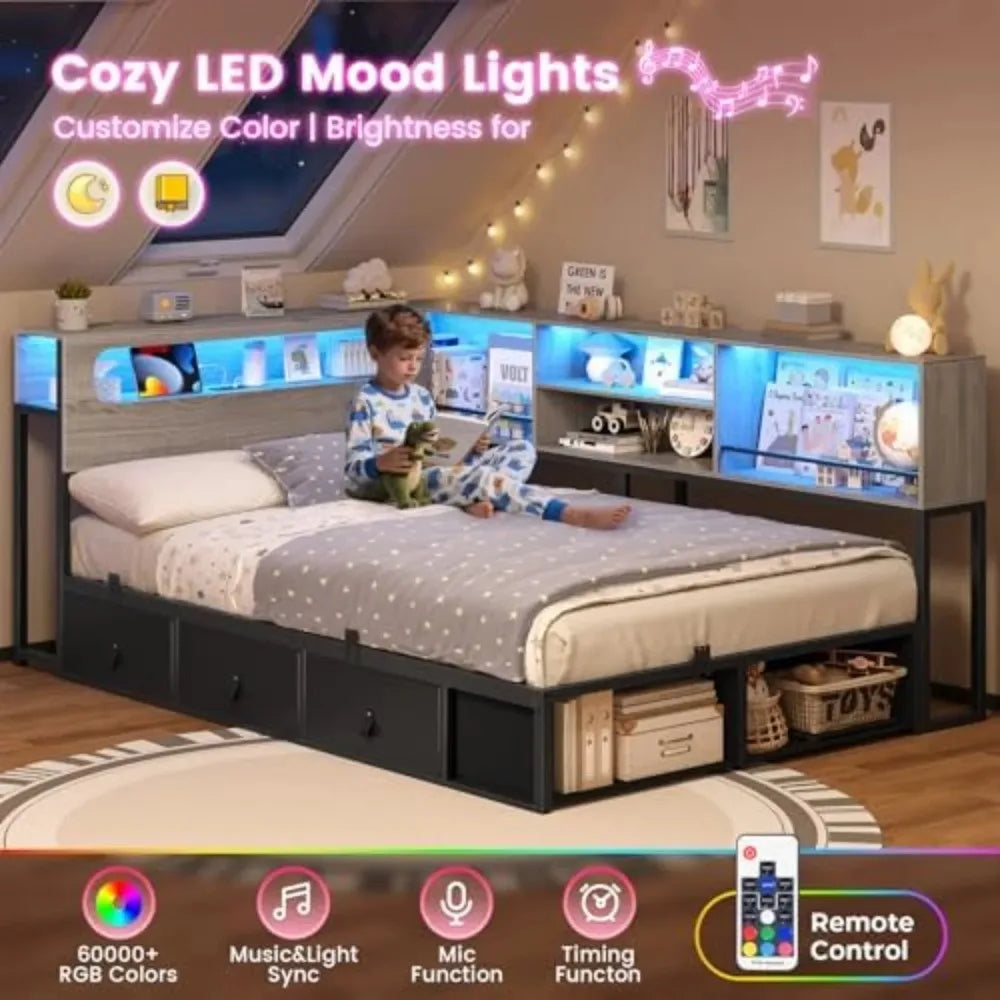 Contemporary Corner Bed Frame With Bookcase Storage And Charging Station