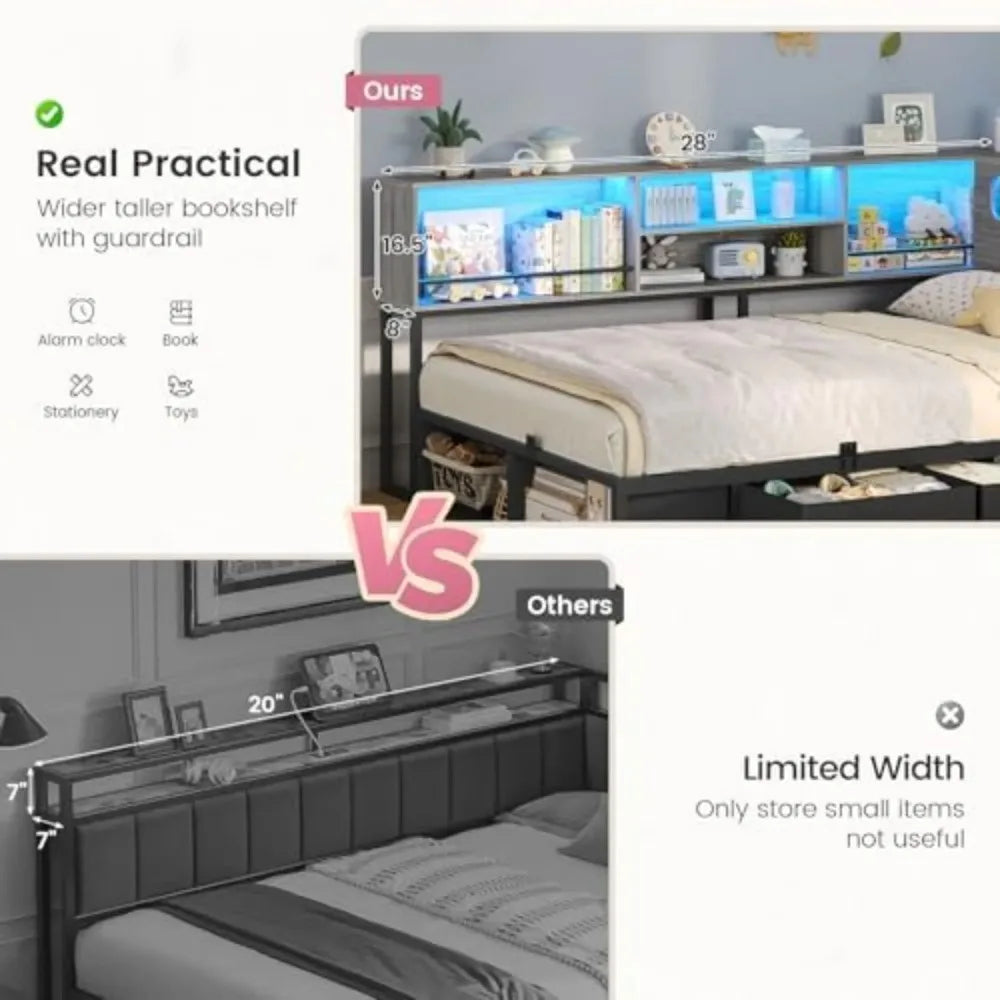 Contemporary Corner Bed Frame With Bookcase Storage And Charging Station