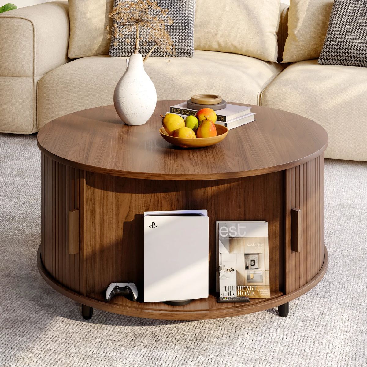 Onbrill Modern Round Coffee Table With Fluted Wood Storage