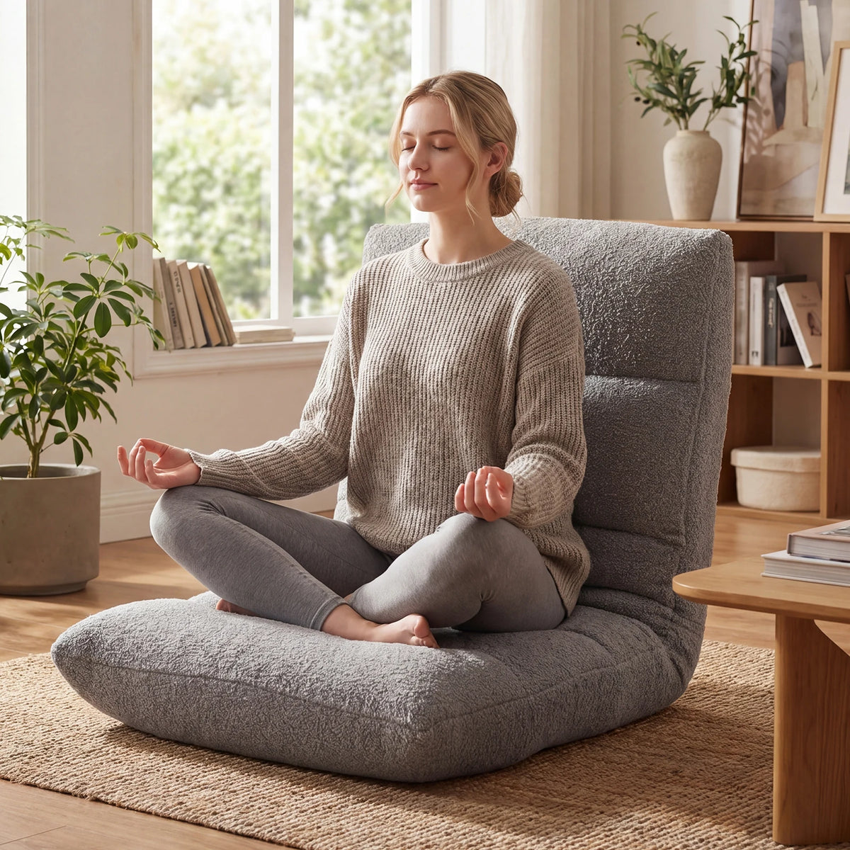 JHK Foldable Floor Chair Featuring Supportive Backrest and Teddy Velvet