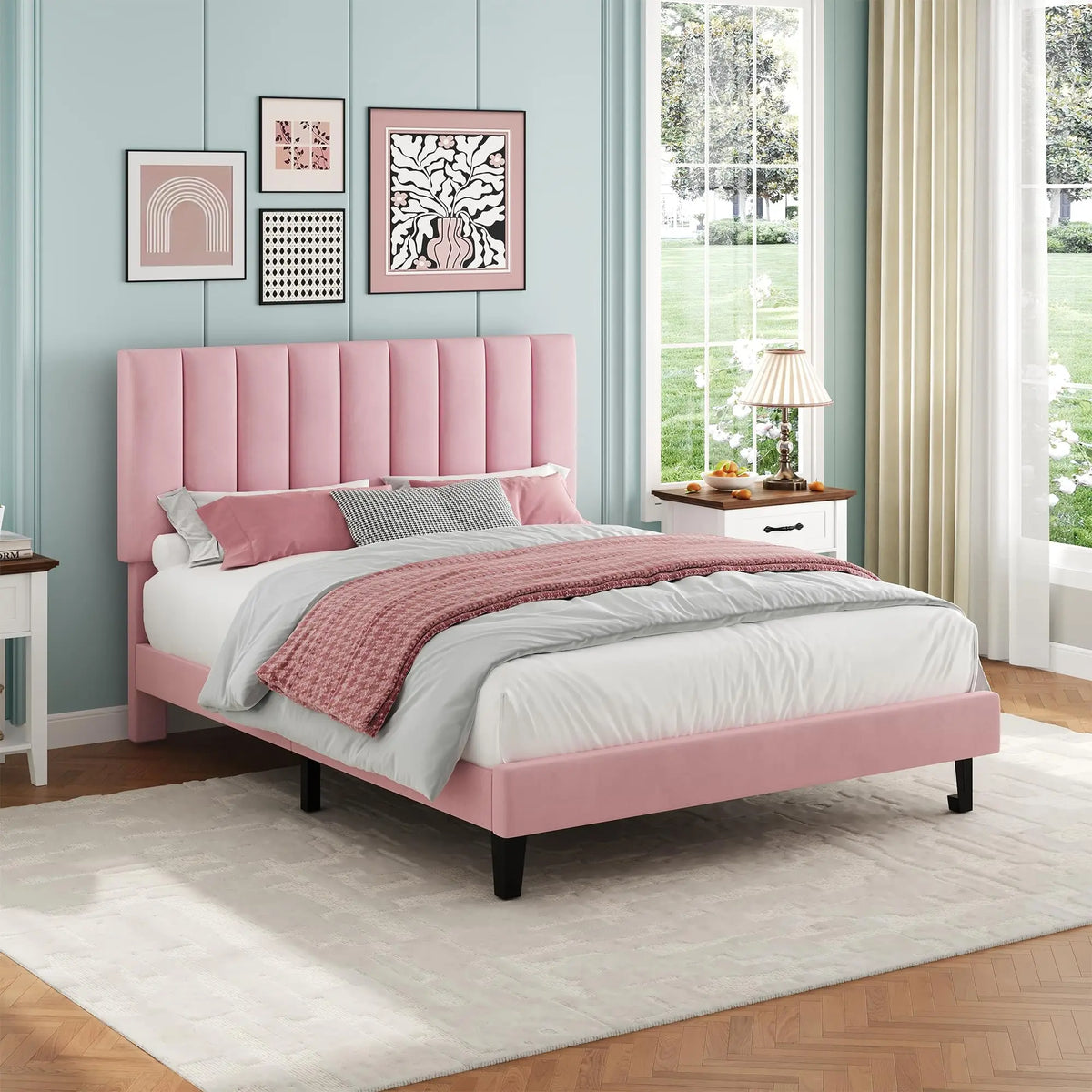 HiMISS Upholstered Platform Bed Frame With Adjustable Tufted Headboard
