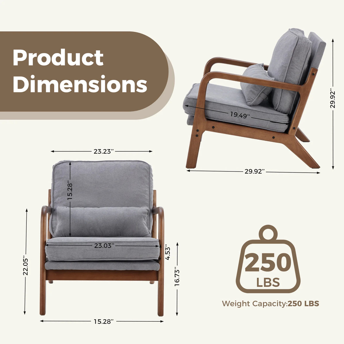 JHK Mid Century Modern Solid Wood Lounge Chair With Cushions