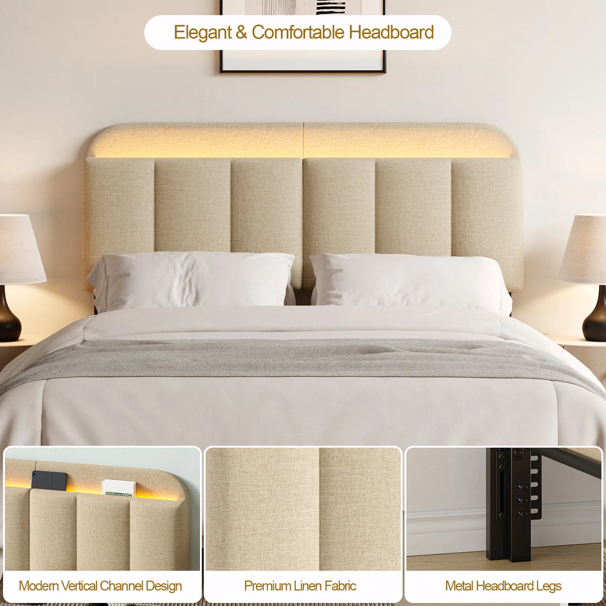 Onbrill Adjustable Headboard With Integrated RGB LED Storage Design