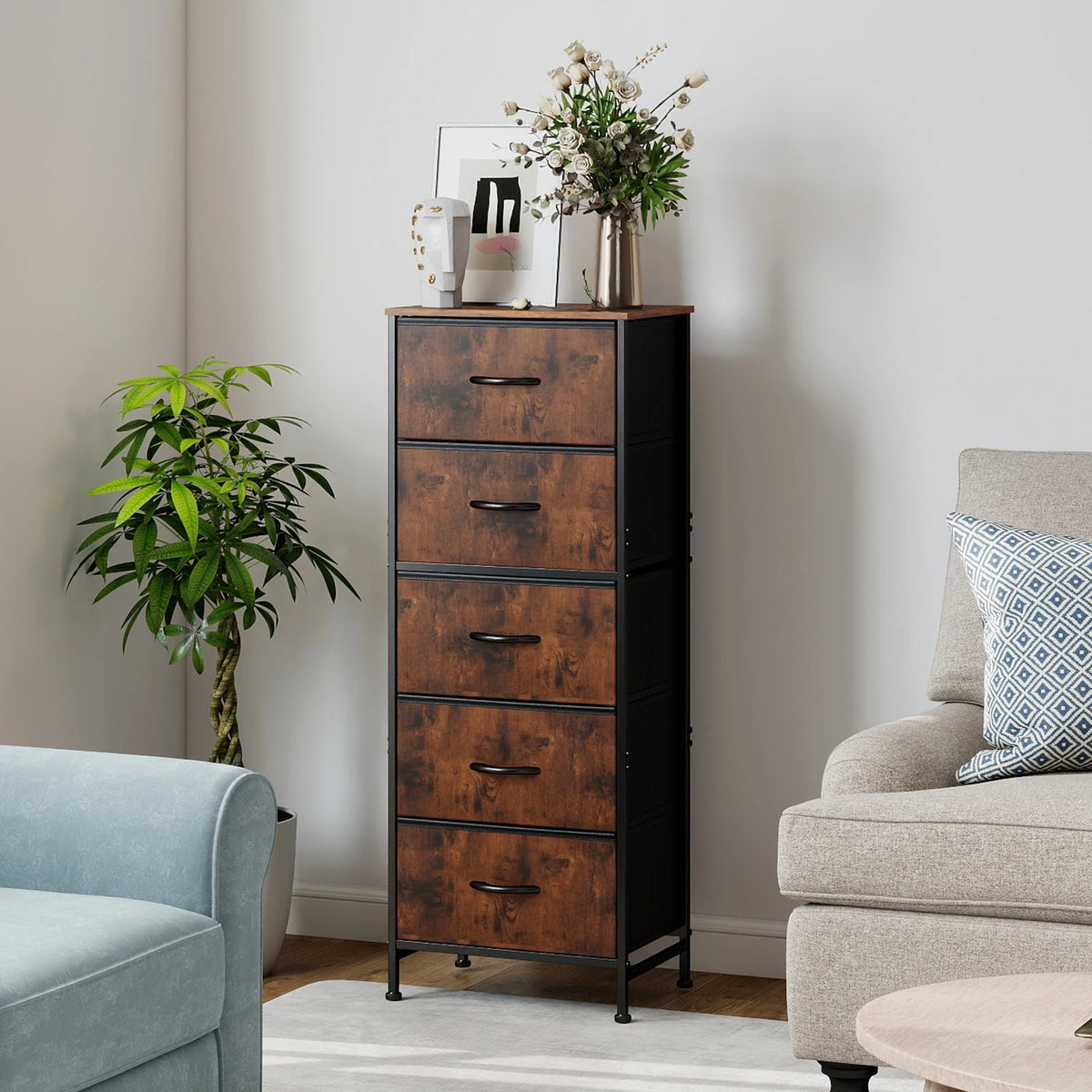 JHK 5 Drawer Fabric Dresser Steel Frame Bedroom Storage Unit