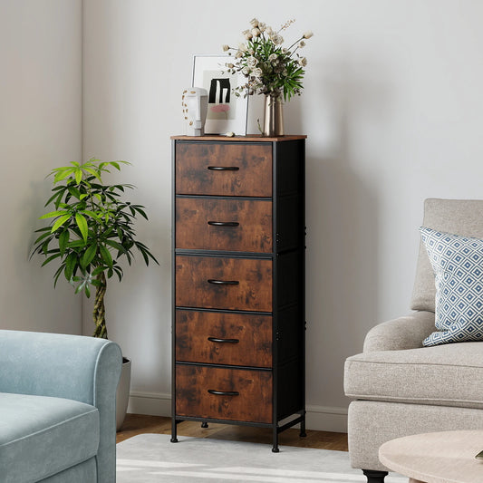 JHK 5 Drawer Fabric Dresser Steel Frame Bedroom Storage Unit