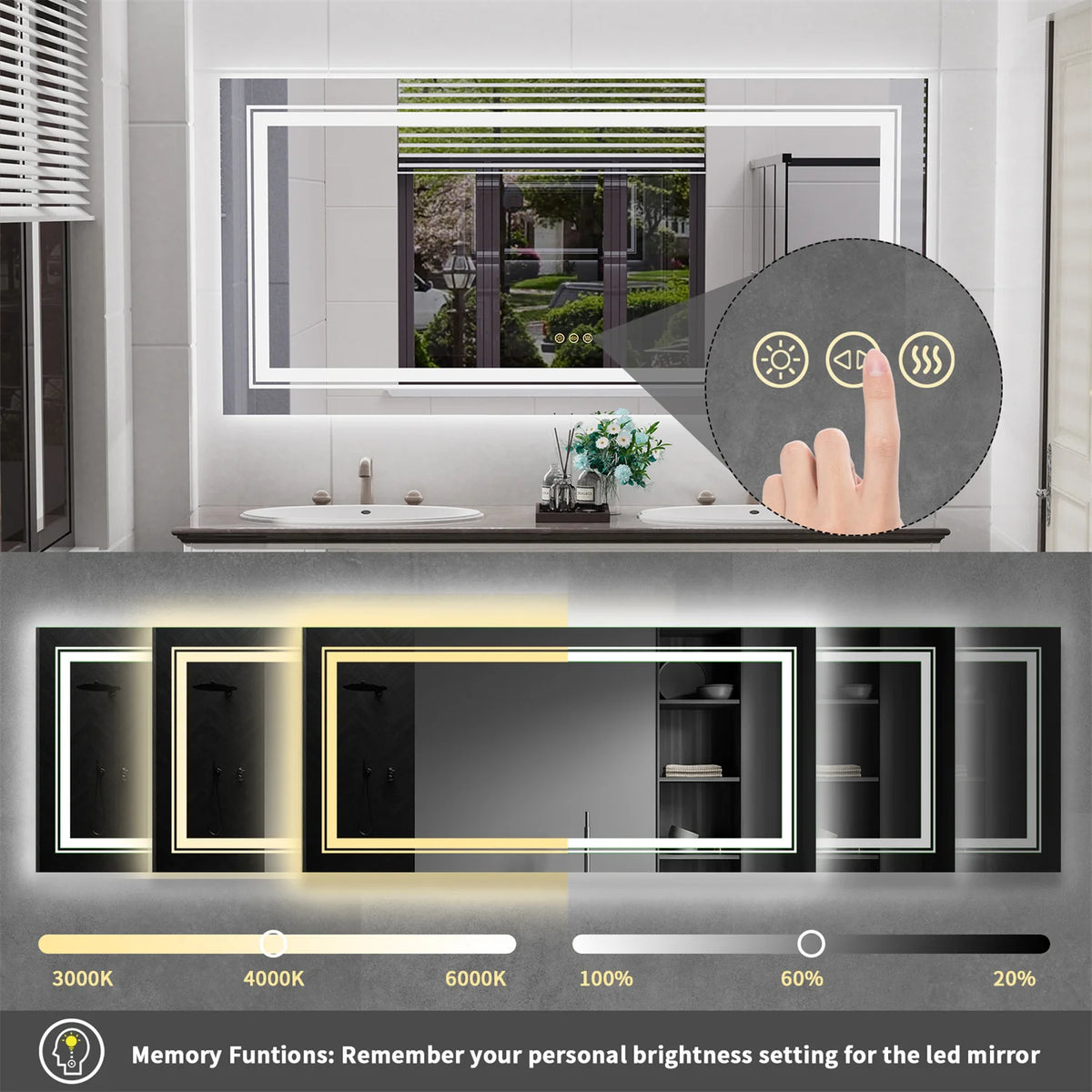 LED Bathroom Mirror With Anti Fog And Dimmable Touch Controls
