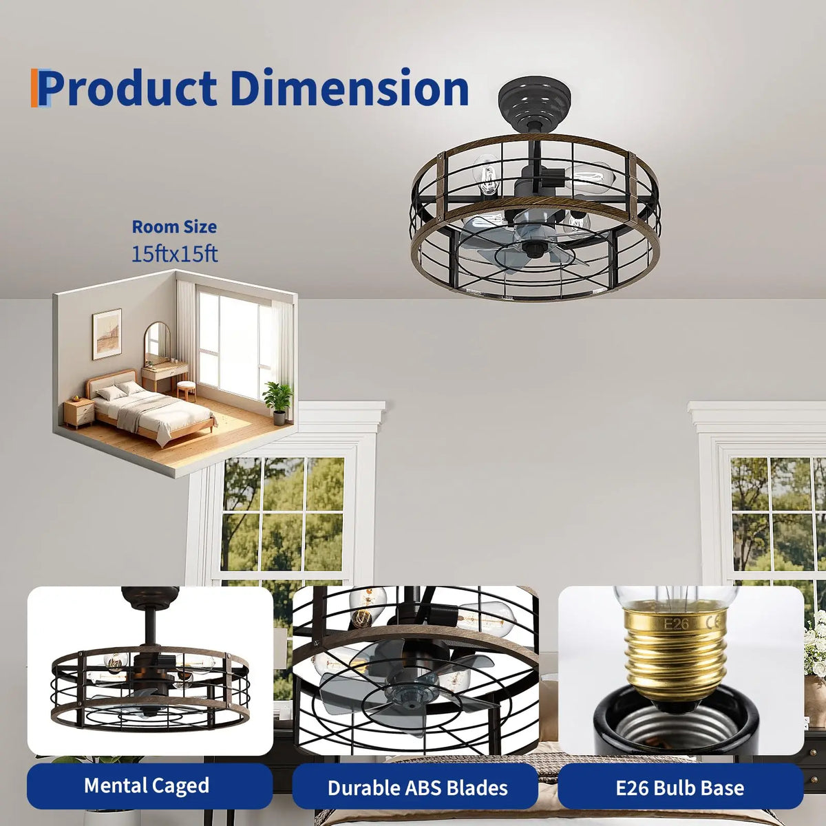 Adoolla 20 Inch Caged Flush Mount Ceiling Fan With Light And Remote