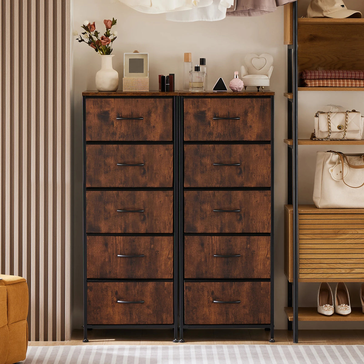 JHK 5 Drawer Fabric Dresser Steel Frame Bedroom Storage Unit